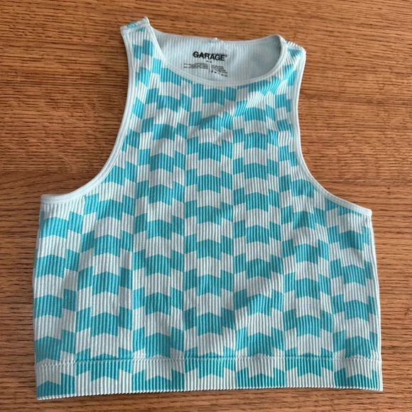 Garage NWOT high neck checker blue and light blue ribbed crop top in SM & LG - Picture 5 of 8